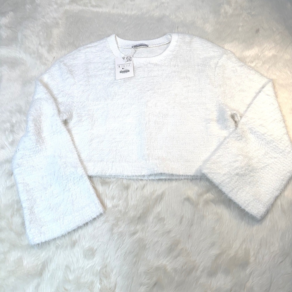 NWT Zara Sweater Womens Small White Eyelash Metallic Shimmer Cropped Bell Sleeve